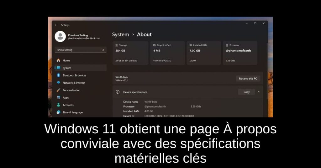 Windows 11 obtient une page À propos conviviale avec des spécifications matérielles clés